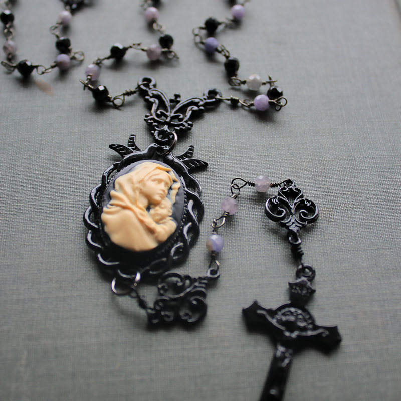 (SOLD) Black Rosary with Tanzanite and Black Spinel Gemstones